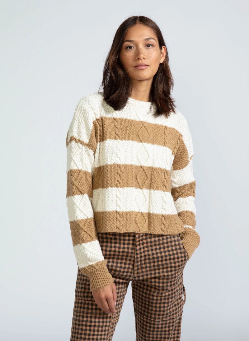 Cable Crew Neck Sweater | Camel Stripe