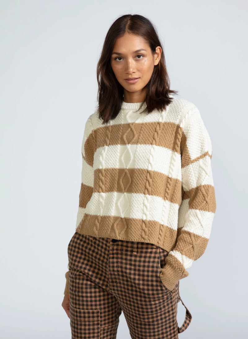 Cable Crew Neck Sweater | Camel Stripe