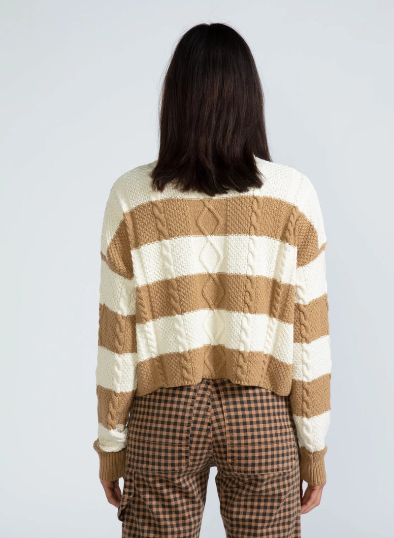 Cable Crew Neck Sweater | Camel Stripe