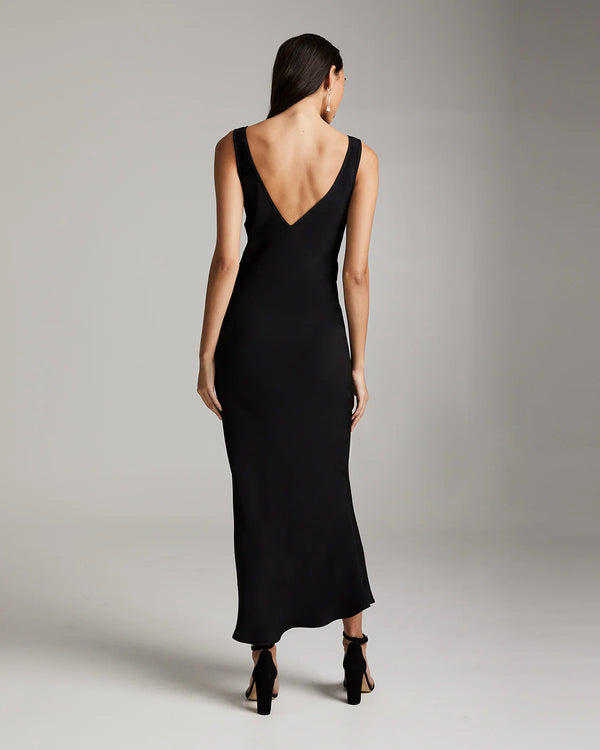 Silk Crepe Double V Slip Dress | Black