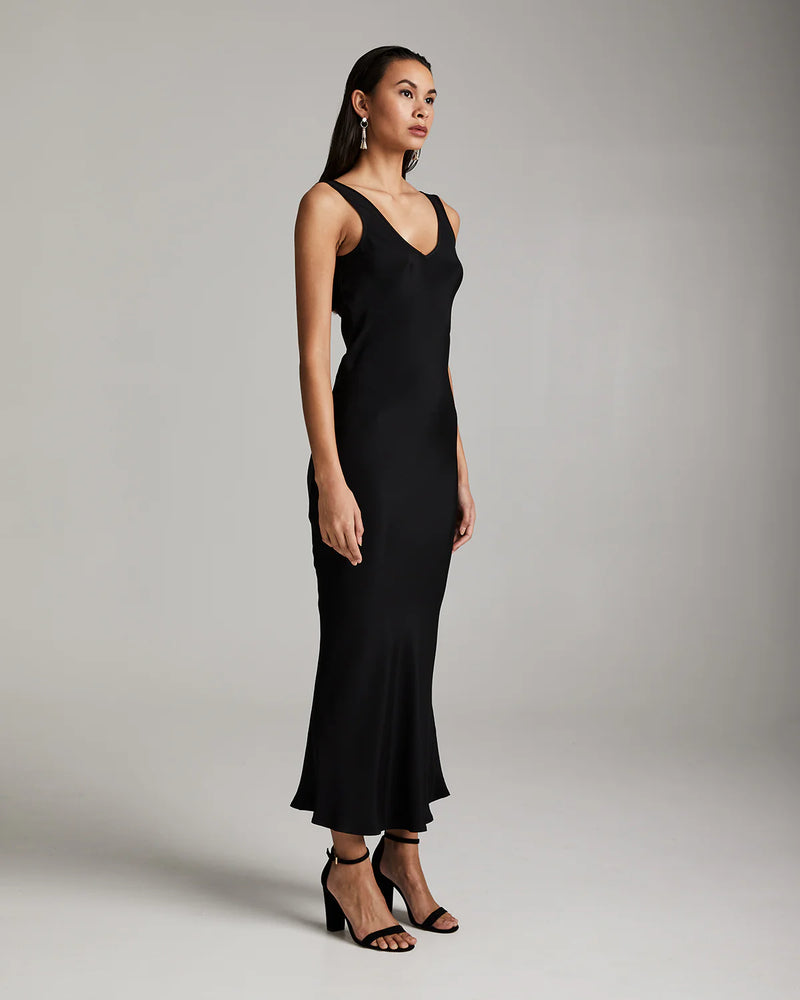 Silk Crepe Double V Slip Dress | Black