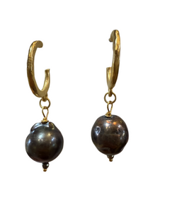 Black Baroque Pearl Hoop Earrings  | Black Baroque