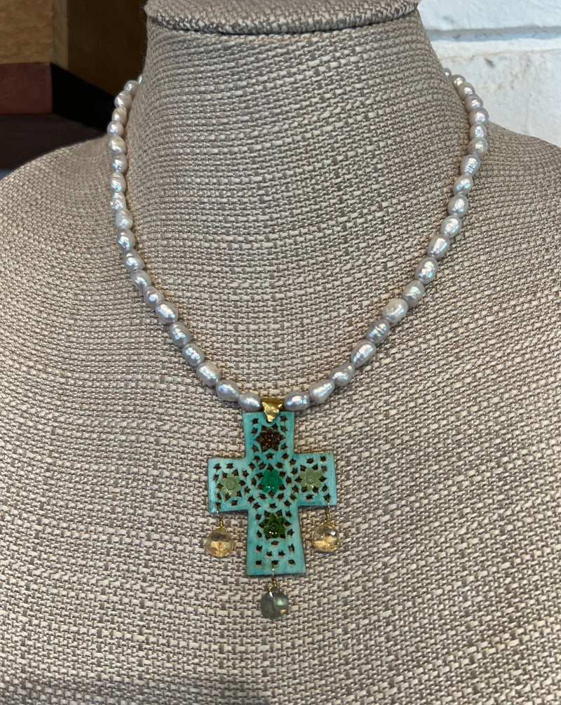 Handpainted Cross Pendant Necklace | Seafoam