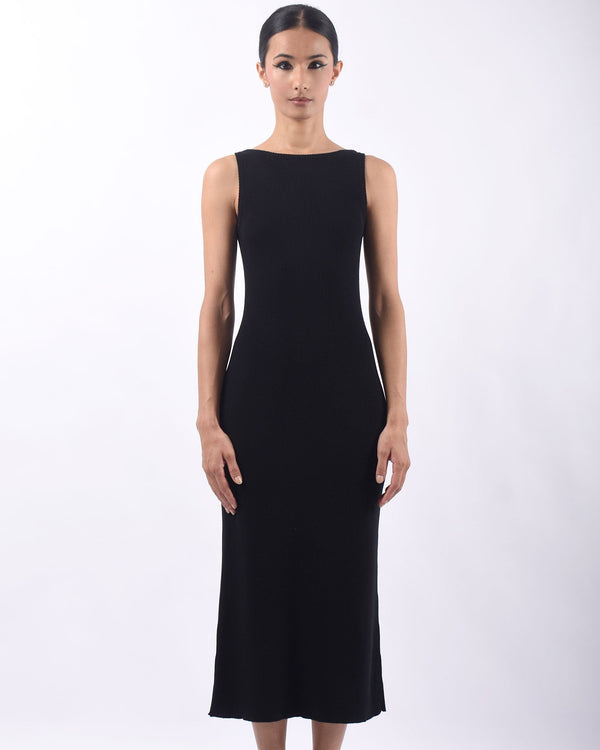 Boatneck Sleeveless Long Dress | Black