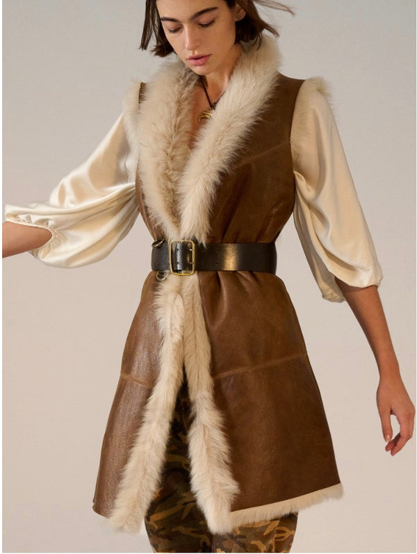 Adele Long Shearling Vest | Vintage Brown