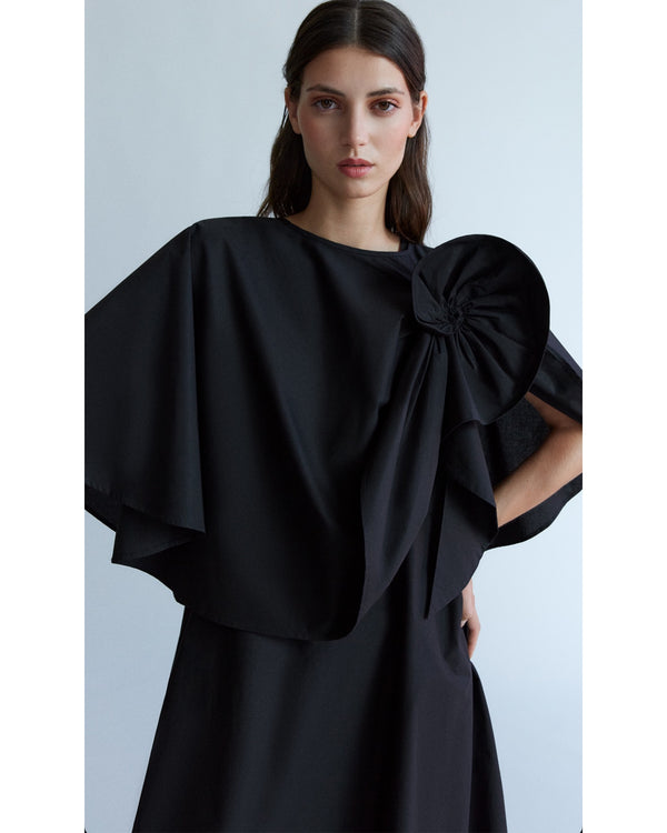 Shirt w/Overlay Cape and Floral Detail | Black