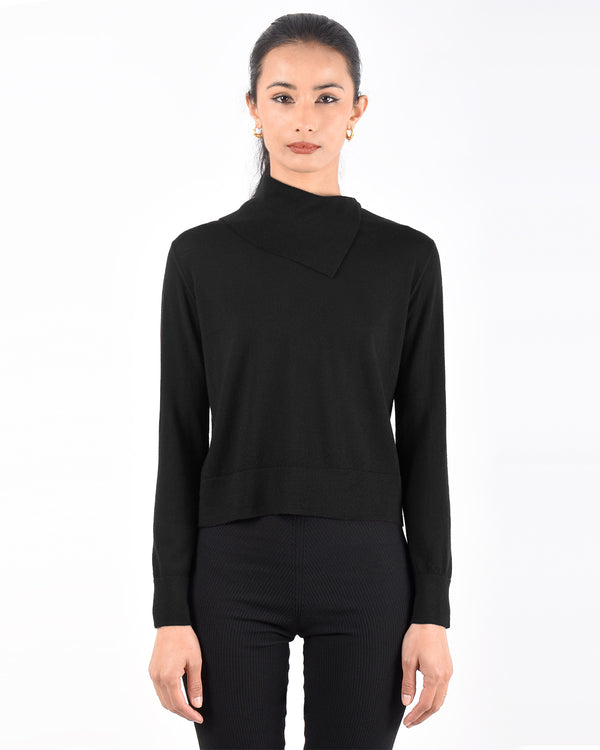 Asymmetrical Collar Merino Top | Black