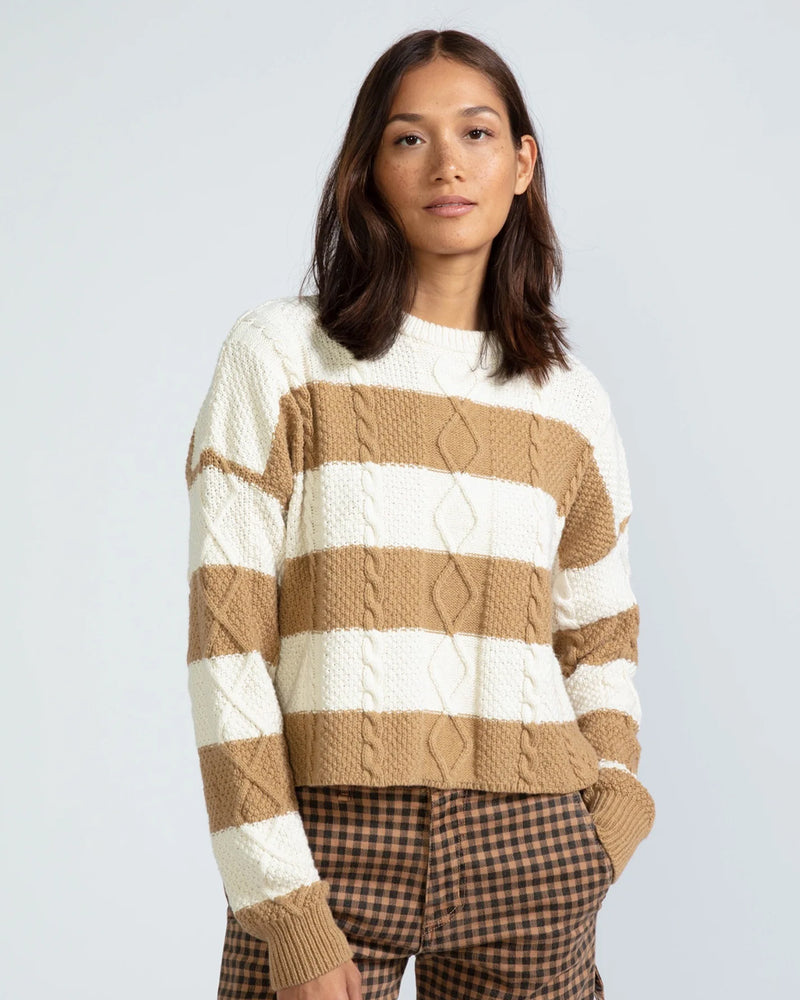 Cable Crew Neck Sweater | Camel Stripe