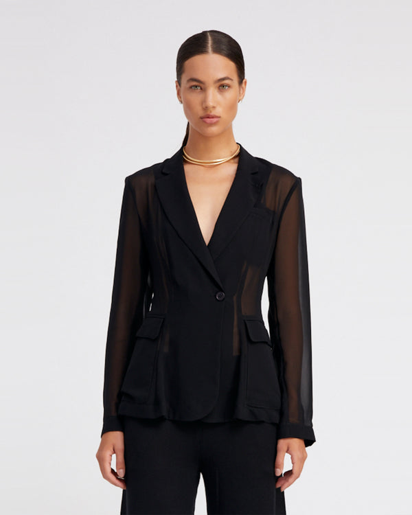 Fitted Chiffon Blazer | Black