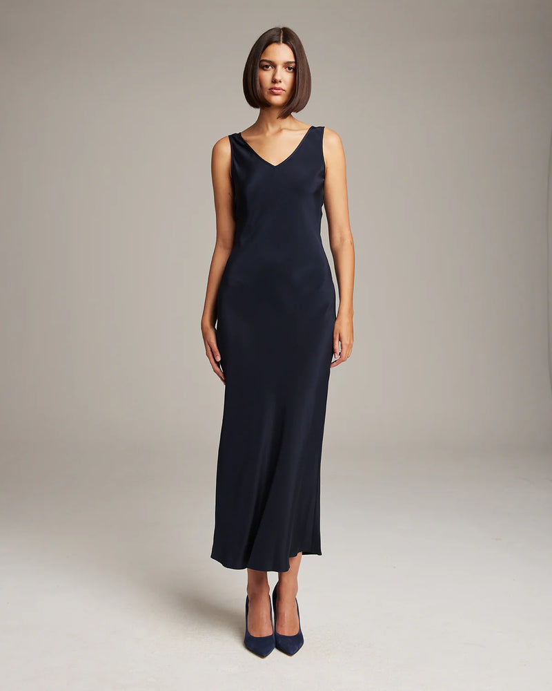 Silk Crepe Double V Slip Dress | Navy