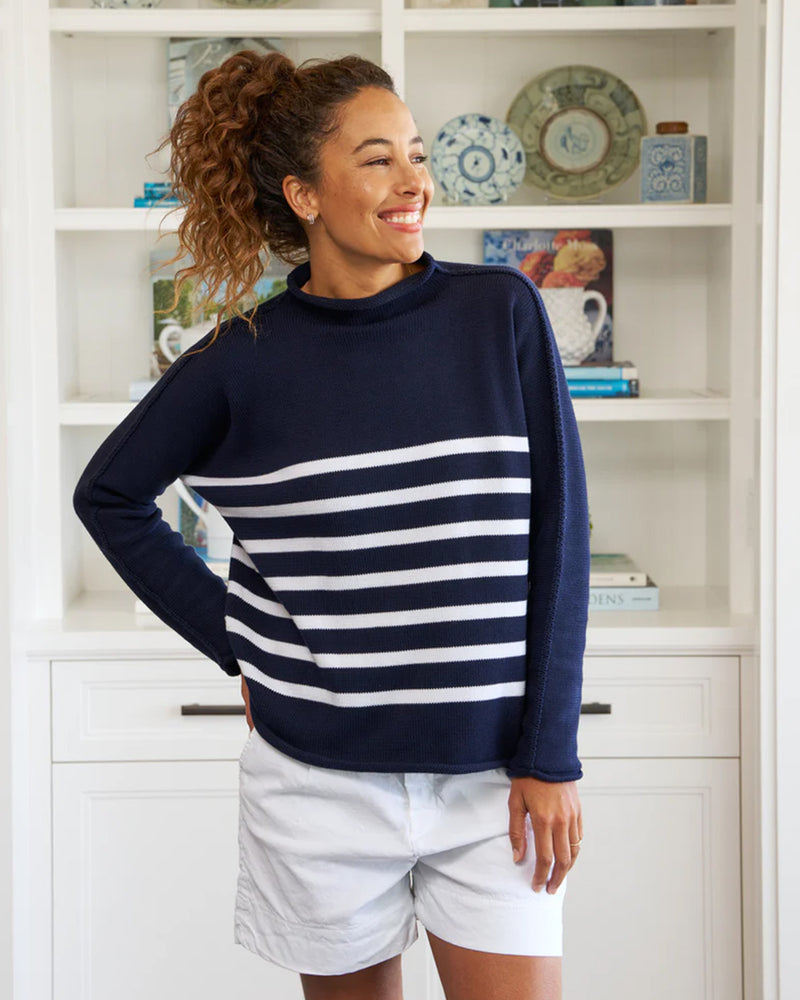 Monterey Cotton Roll Neck Navy Stripe