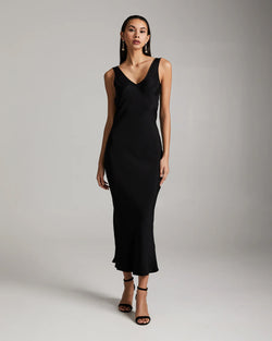 Silk Crepe Double V Slip Dress | Black