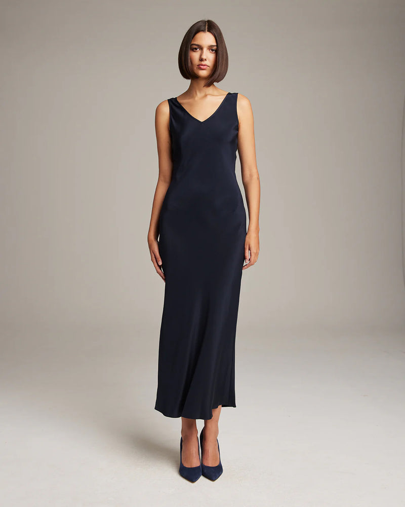 Silk Crepe Double V Slip Dress | Navy