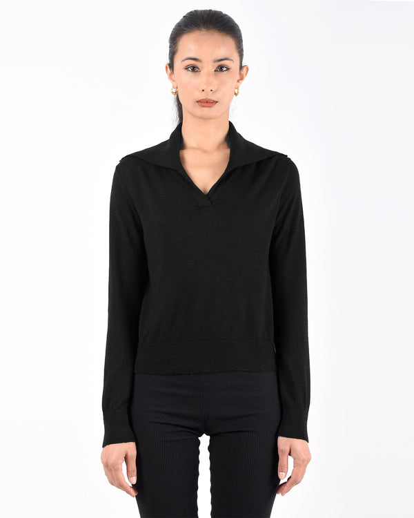 Long Sleeve Merino Polo Shirt | Black