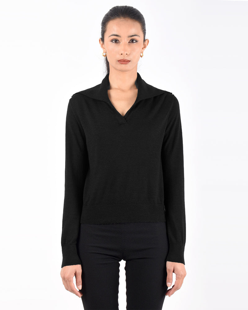 Long Sleeve Merino Polo Shirt | Black